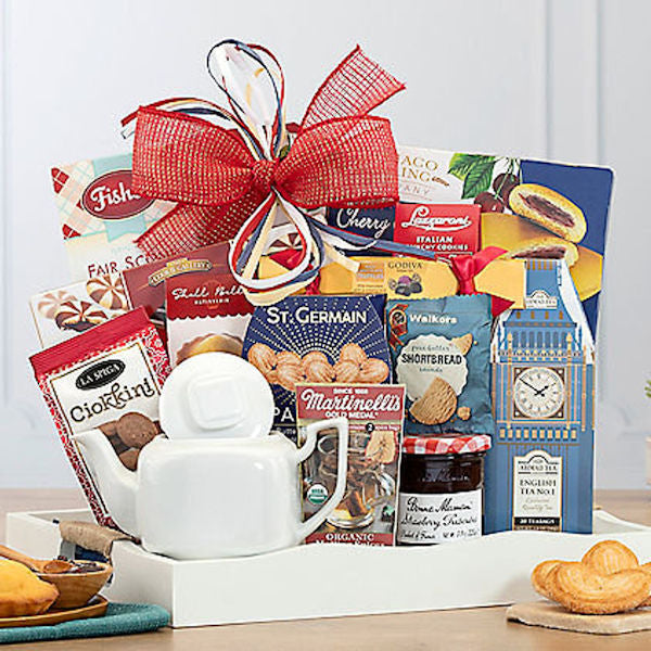 Gourmet Tea Gift Basket with Teapot and Tray