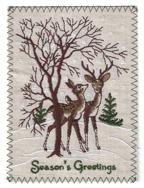 2 Deer Embroidered Linen Christmas Greeting Card - Just 3 Remaining!