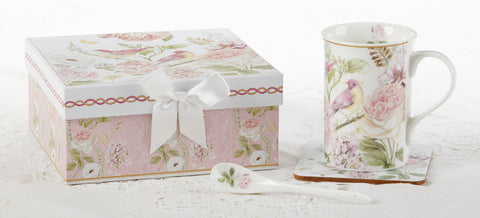 Gift Boxed English Rose Birds and Hydrangea Porcelain Mug Spoon and Coaster Set-Roses And Teacups
