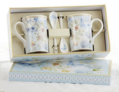 Gift Boxed Porcelain Mug Set of Two - Blue Butterfly-Roses And Teacups