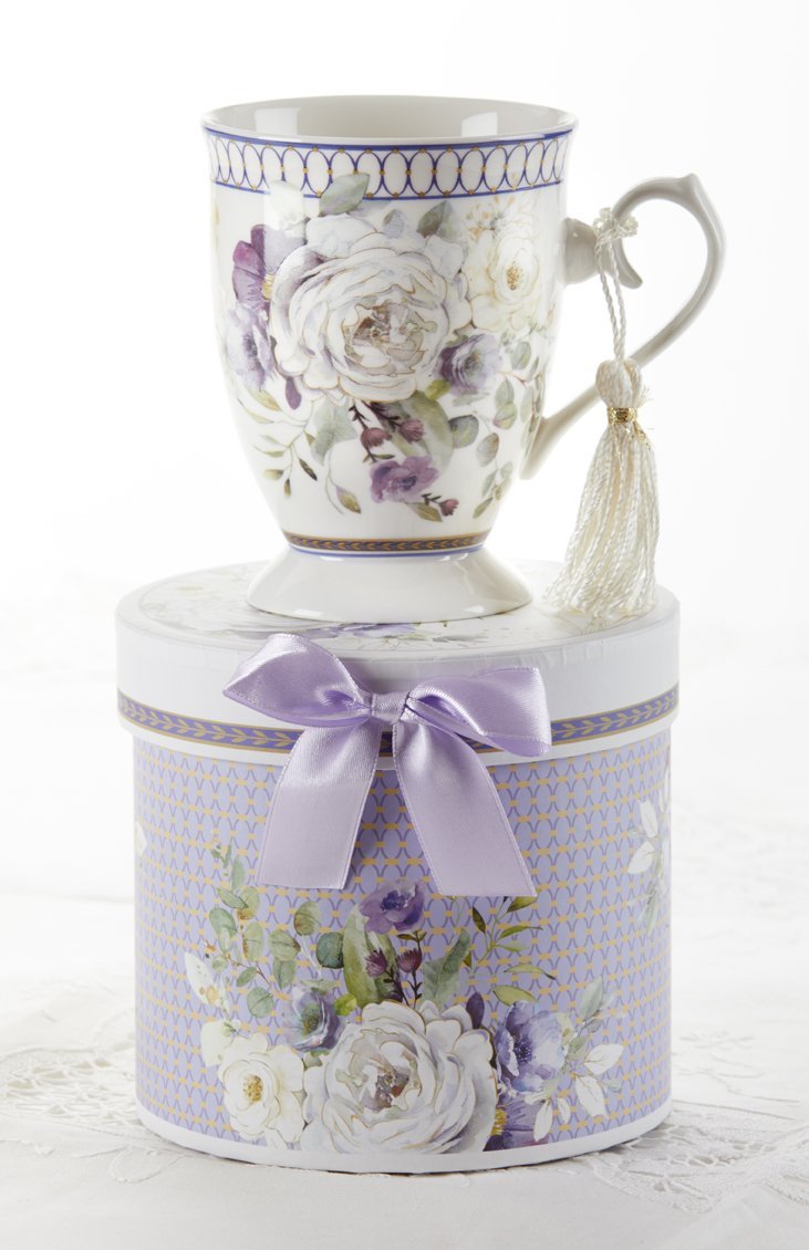 Gift Boxed Porcelain Mug with Tassel - Purple Roses and Poppies - Just 1 Left!
