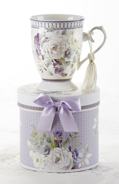 Gift Boxed Porcelain Mug with Tassel - Purple Roses and Poppies-Roses And Teacups