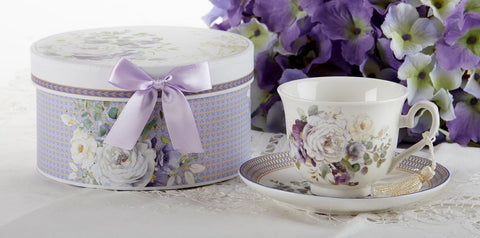 Gift Boxed Teacup and Saucer - Lavender and White Roses - Just 1 Left!