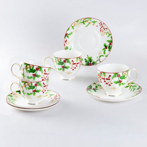 Holly Berry Christmas Holiday PorcelainTea Cups Teacups and Saucers Set of 4