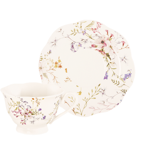 Vining Floral Bouquet Wholesale Priced Porcelain Teacups and Saucers Case of 24 Tea Cups and 24 Saucers