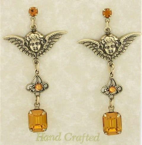 Vintage Victorian Style Austrian Crystal Filigree Drop Earrings - Topaz
