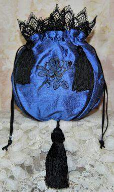 Williamsburg Royal Blue Black Rose Reticule - One of a Kind And Hand Sewn!