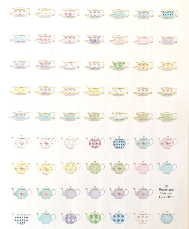 1 Sheet of 62 1-inch Round Gold Trimmed Pastel Tea Cup and Teapot Stickers