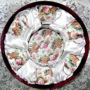 12 Piece Pink Rose and Golden Grapes on White Chintz 6 Generous Full Size Porcelain Teacups and Saucers in Round Satin Lined Gift Box