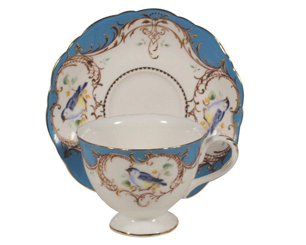 2 Peacock Blue Bird Porcelain Tea Cups and Saucers (2 Teacups and 2 Saucers)