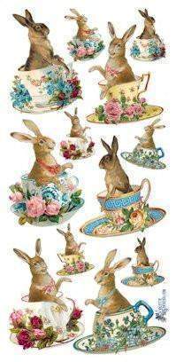 24 Bunnies in Tea Cups Victorian 2 Sheets of Stickers