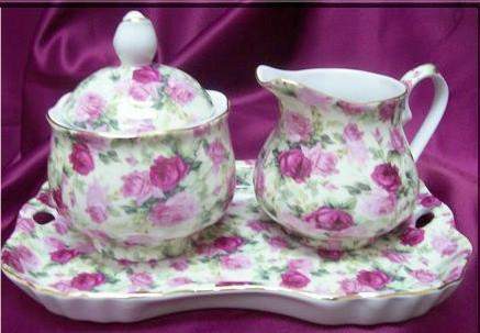 3 Piece Double Pink Rose on White Chintz Porcelain Creamer Set on Tray Satin Lined Gift Box