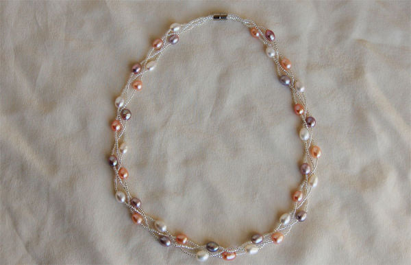 3 Strands Multi Pink Pearl Necklace Magnetic Clasp
