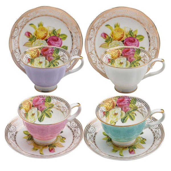 4 Assorted Colors Rose Bouquet Demi Tea Cups and Saucers in Gift Box