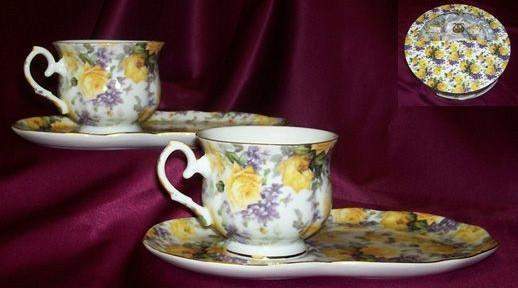4 Piece Porcelain Tea or Coffee Snack Set in Gift Box Yellow Roses and Lilacs on White Chintz