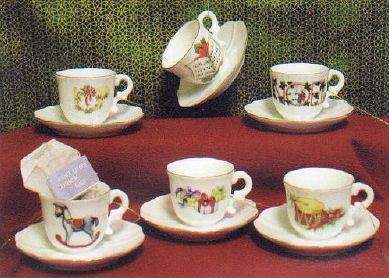6 Assorted Holiday Porcelain Tea Cup Ornaments