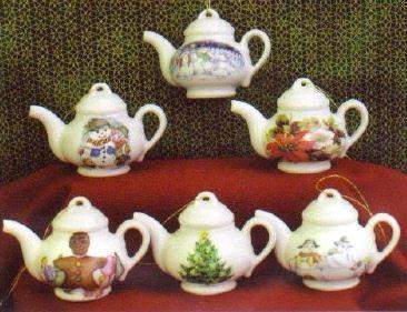 6 Assorted Holiday Porcelain Teapot Ornaments