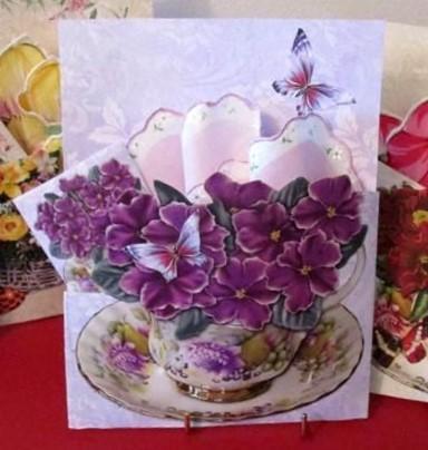 African Violet Teacup and Saucer Hankie Card with Tea Included