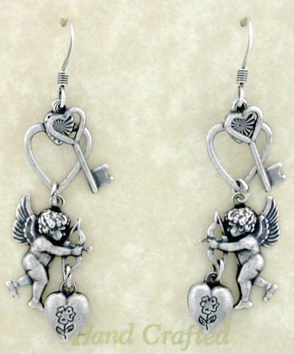 Angels Cherubs Hearts & Key Earrings - Antique Silver