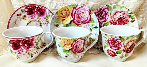 Assorted Rose Bulk Porcelain Teacups and Saucers include 6 Tea Cup & 6 Saucers