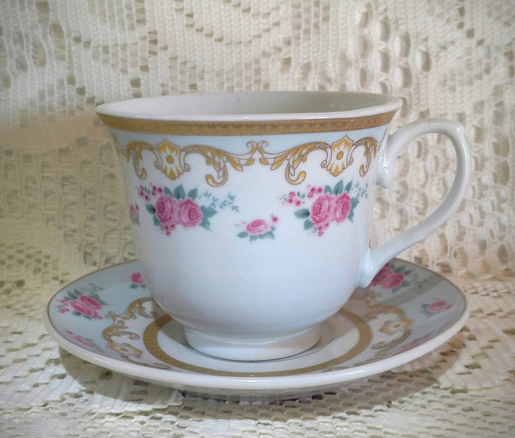 Baby Blue and Pretty Pink Roses Porcelain Teacups and Saucers Set of 6