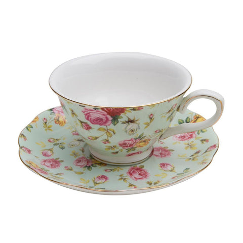 Beautiful Blue Cottage Rose Chintz Porcelain Teacups Tea Cups - Set of 2