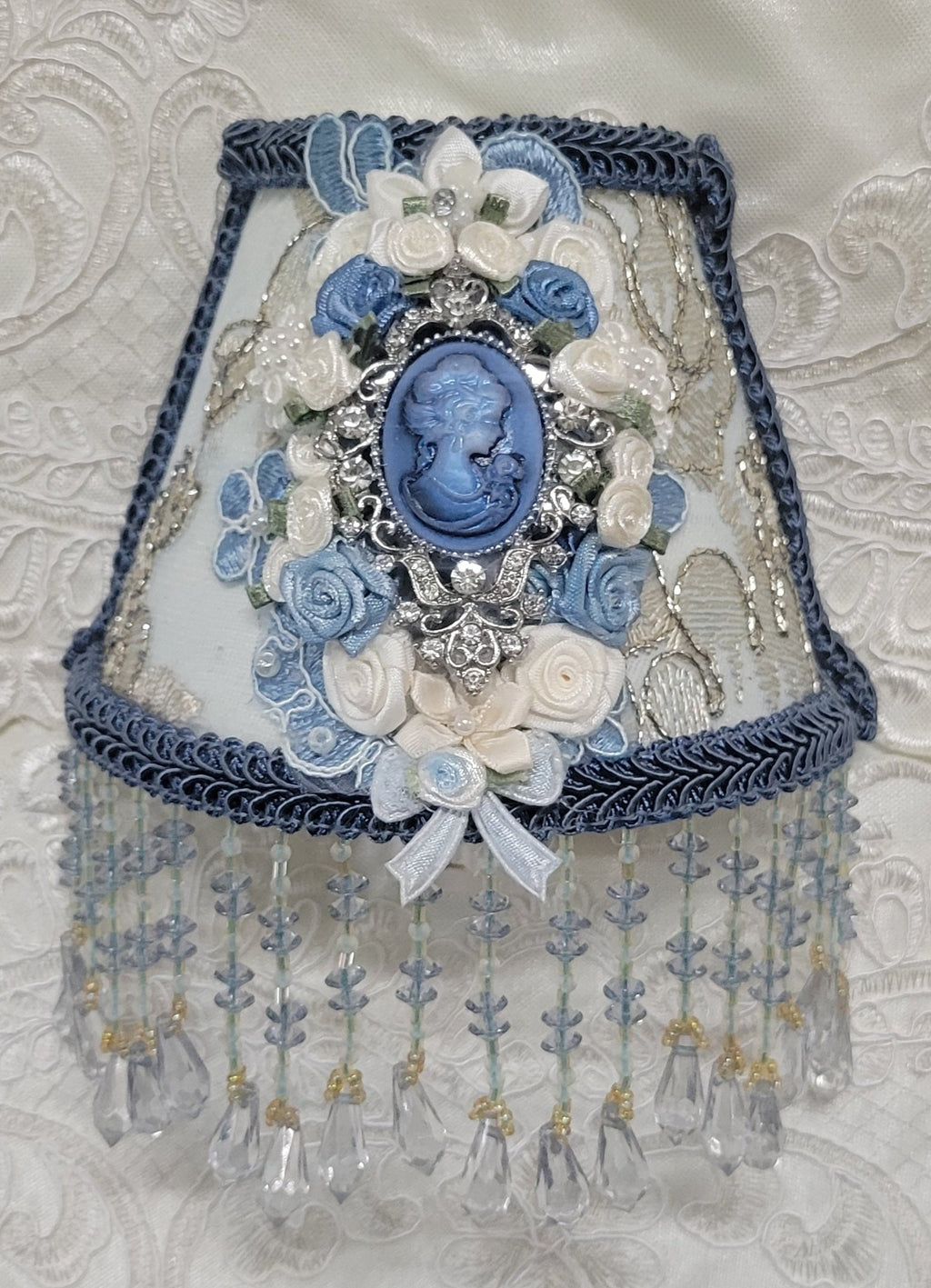 Beautiful Blue & White Victorian Cameo Lace and Hand Beaded Fringe Nightlight (night light) - One of a Kind!
