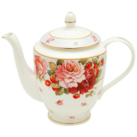 Beautiful Roses and Strawberries Fine Bone China Teapot-Roses And Teacups