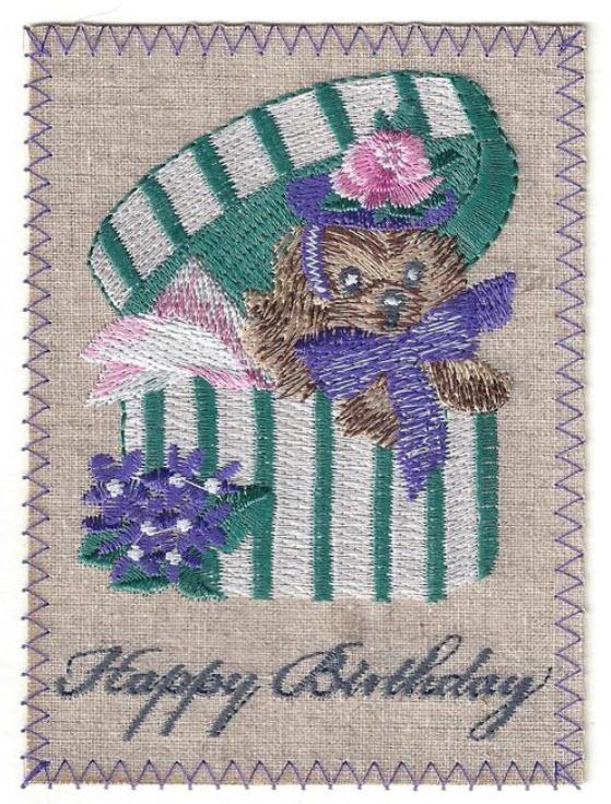Birthday Dog in Hatbox Embroidered Linen Greeting Card