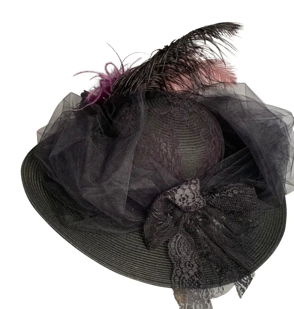 Black 5″ Large Brim Edwardian Hat W/Black Tulle And French Lavender #4499 Back View