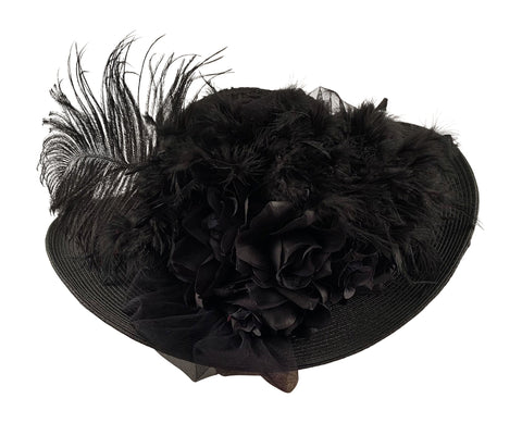 Black Large Brim Edwardian Victorian Style Hat - Black on Black