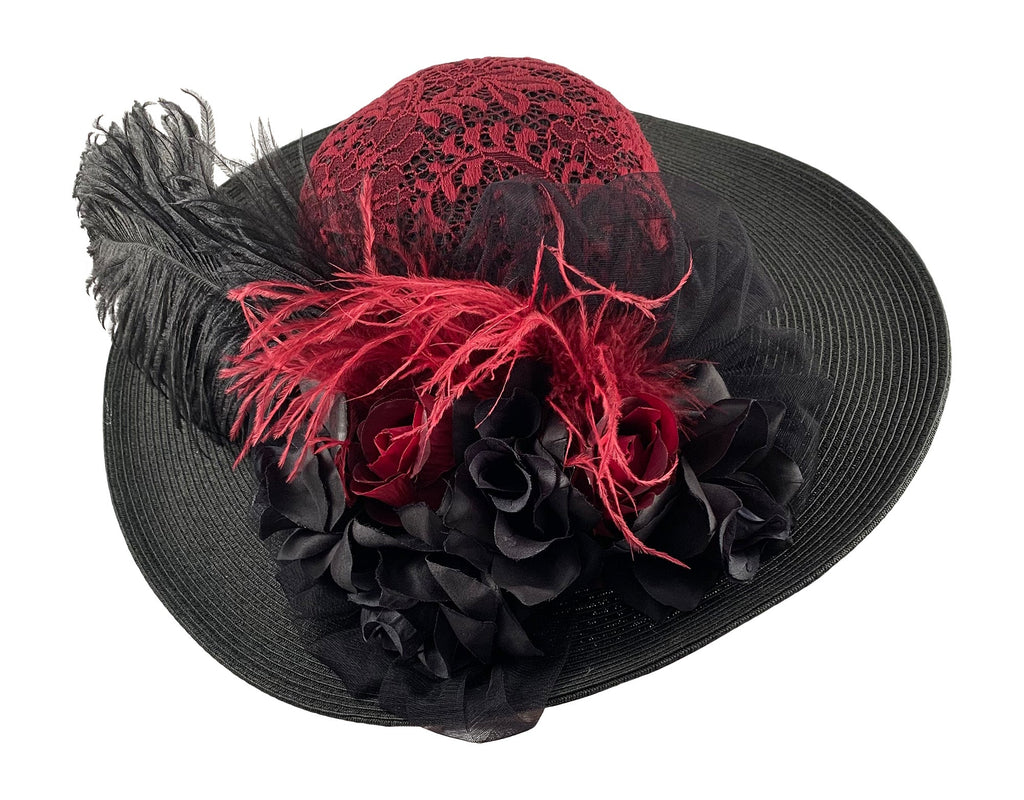 Black Large Brim Edwardian Victorian Style Hat - Burgundy