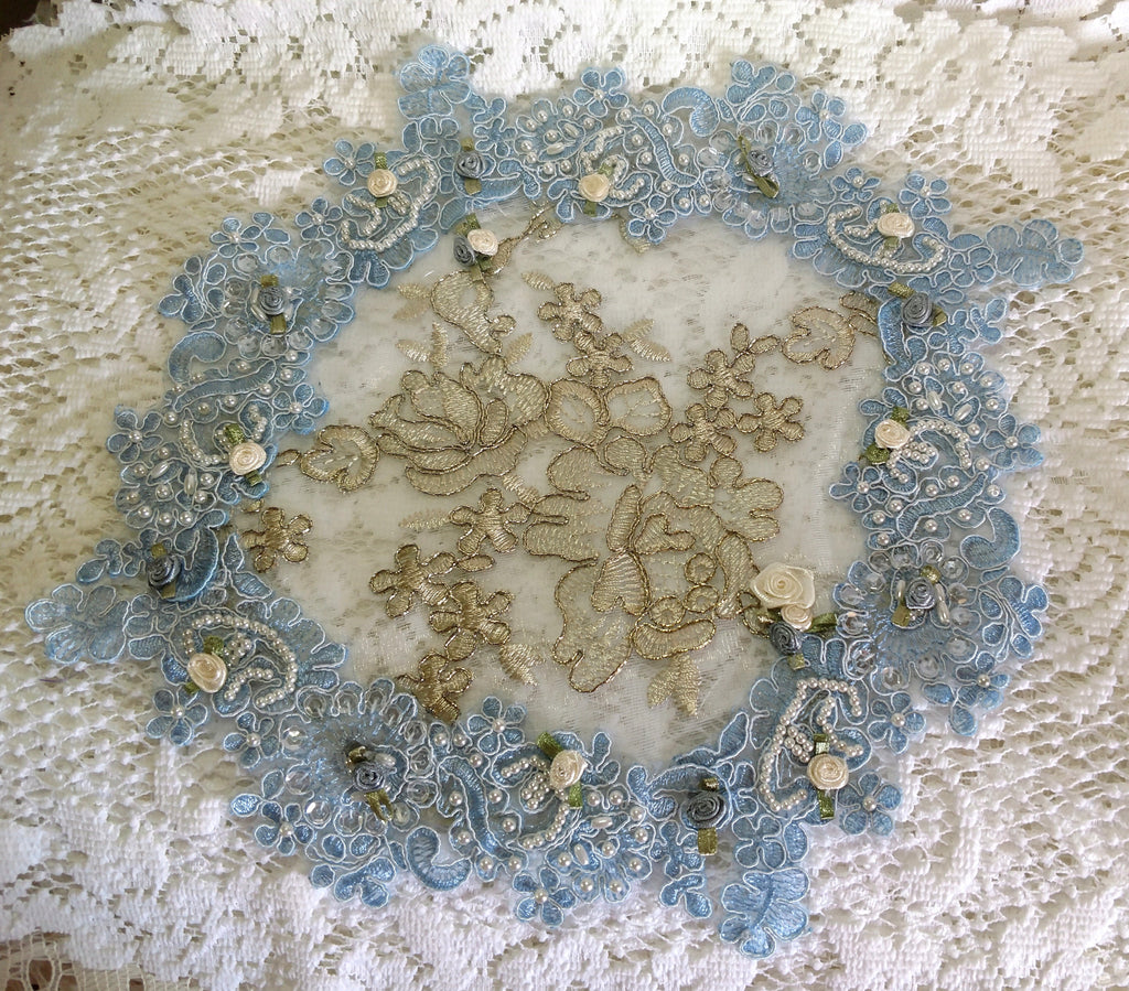 Blue Beaded Lace Gold Thread Doily