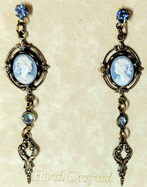 Blue Cameo and Crystal Drop Earrings - Only 3 Left