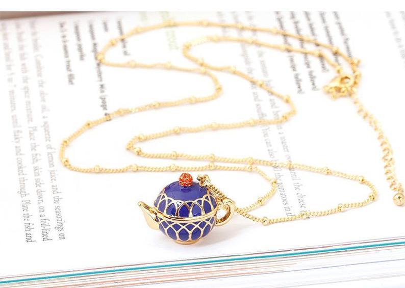 Blue Enameled Teapot Necklace-Roses And Teacups