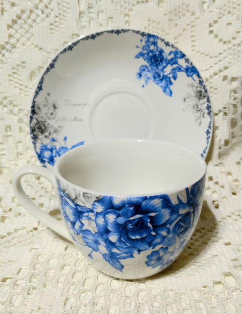 Blue and Gray England Rose Teacups and Saucers Set of 6 with 6 Tea Cups & 6 Saucers Cheap price; elegant appearance!-Roses And Teacups