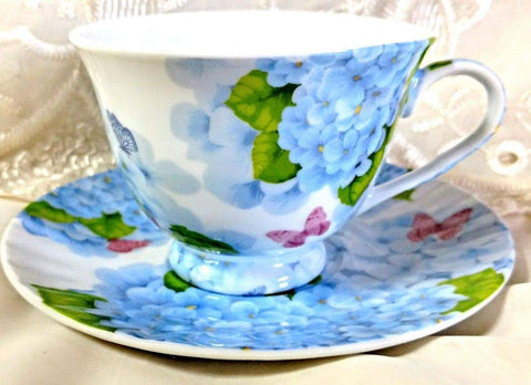 Blue Hydrangea and Butterflies Porcelain Teacups Case Includes 24 Tea Cups & 24 Saucers
