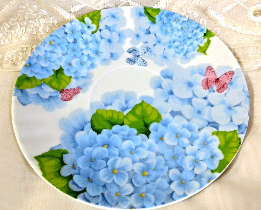 Blue Hydrangea and Butterflies Porcelain Teacups Set of 6 Tea Cups
