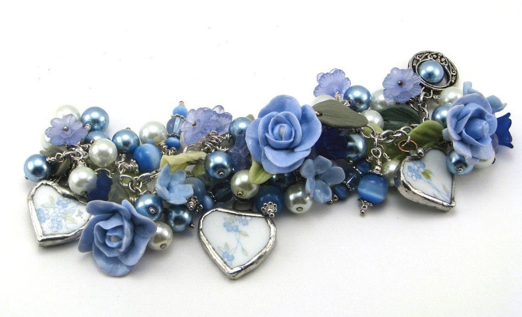 Blue Roses with Broken China Hearts and Pearls Bracelet