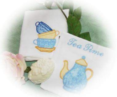 Blue Tea Time Embroidered and Appliqueed Tea Towels