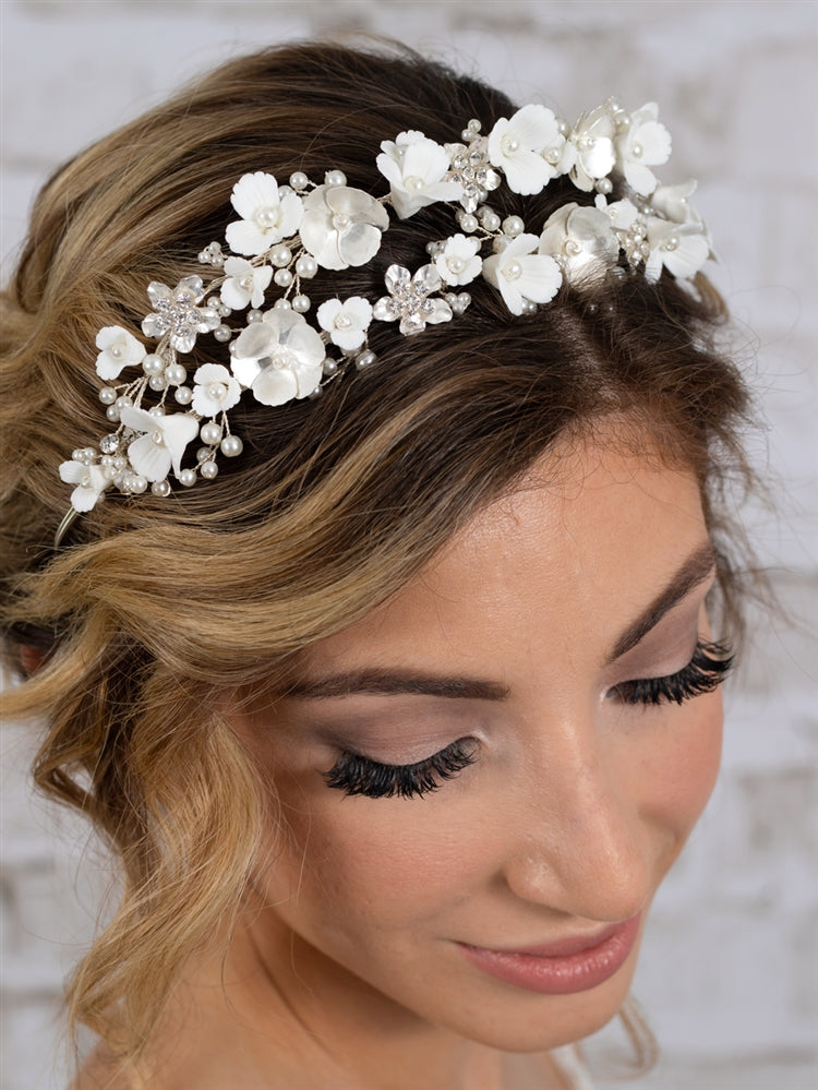 Bridal Tiara Wedding Crown with Soft Ivory Resin Florals & Matte Silver Flowers 4635T-I-S