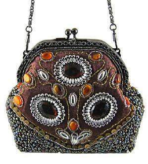 Brown and Rust Hand Beaded Victorian Purse-Roses And Teacups