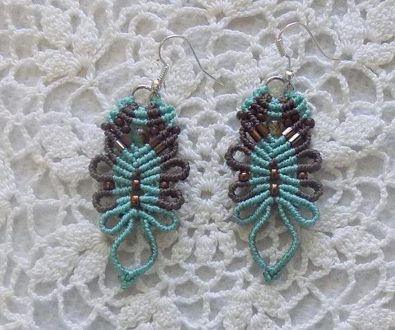 Brown and Turquoise Macrame Earrings
