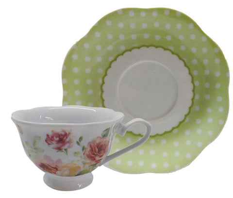Cabbage Rose Porcelain Teacups and Polka Dot Green Saucers Set of 6