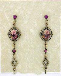 Cameo Antique Rose Porcelain Crystal Earrings in Leaf Frame