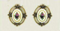 Cameo Bright Rose Porcelain Button Earrings in Leaf Frame