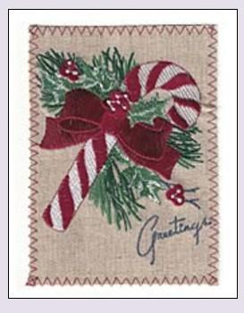 Candy Cane Embroidered Linen Christmas Greeting Card