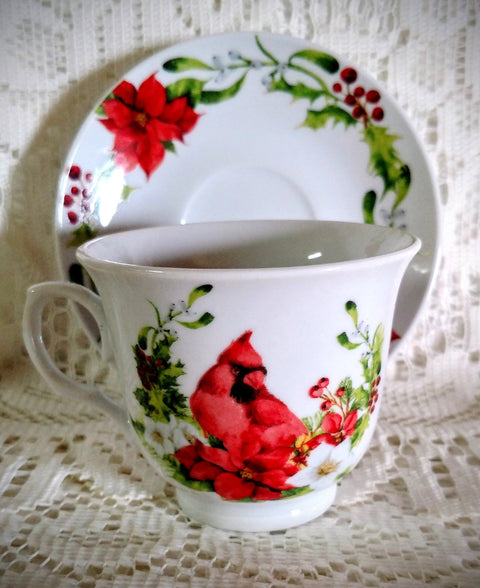 Cardinal Poinsettia and Holly Berry Porcelain Teacups Tea Cups and Saucers Case of 24