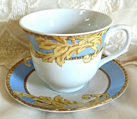 Case of 36 Blue and Gold Flourish Wholesale Tea Cups and Saucers