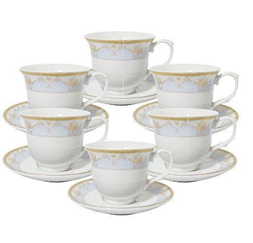 Case of Cassandra 36 Gold and Pale Blue Wholesale Tea Cups and Saucers